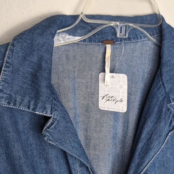 Free People Chester Dress Womens Large Stretch Denim Flutter Sleeve Sparkle 8 - Picture 8 of 15